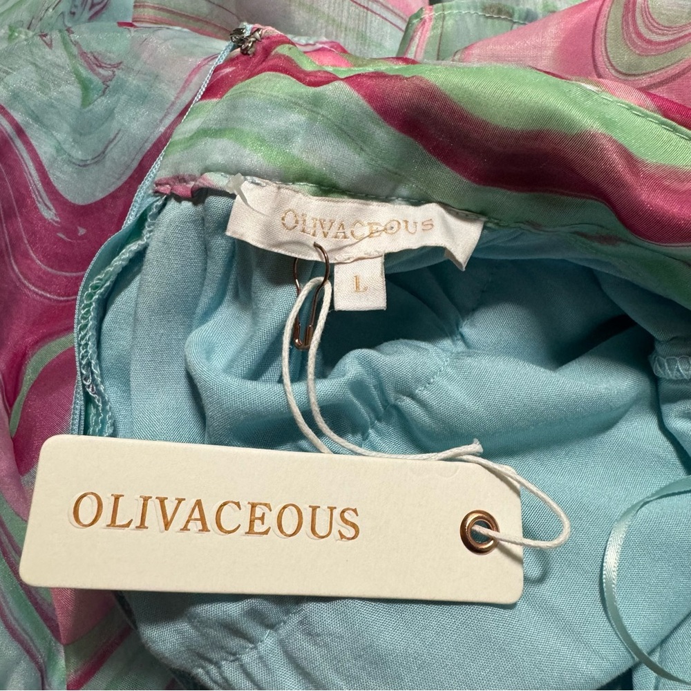NWT OLIVACEOUS Candy Swirl Pink & Green Tiered Maxi Dress Halter Neck Sz Large - Picture 8 of 10